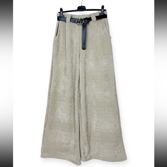 MADE IN ITALY Wide-Leg Tan Pants with Black Belt - Picture 1 of 1
